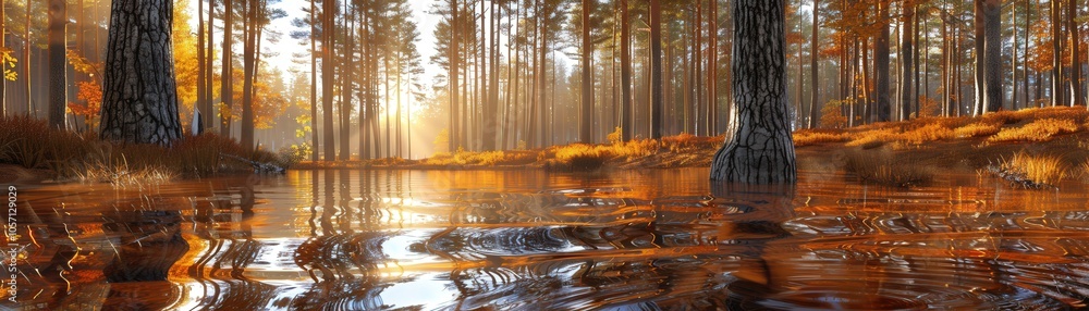 Poster a forest with a stream of water running through it