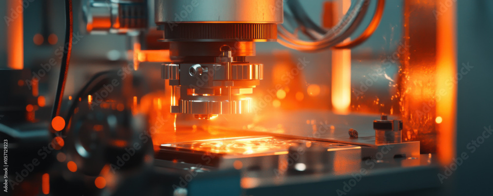 Poster high tech machinery performing precision testing in warm, illuminated environment. intricate details