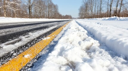 Obraz premium Snow Covered Road with Yellow Lane Divider in Winter Landscape