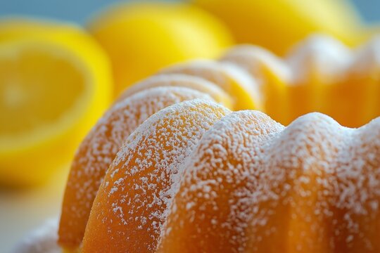 Lemon cake dusted with powdered sugar, showcasing its fluffy and moist texture.