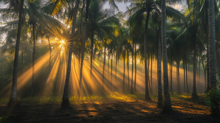 Sunlight filtering through tall coconut trees in a dense plantation, creating a dramatic play of light and shadow