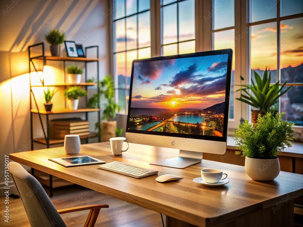 Poster modern computer screen with digital image display in dynamic workspace environment