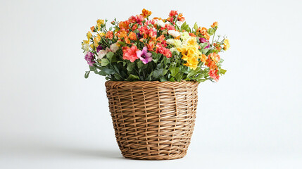 Vibrant Floral Arrangement in a Woven Basket isolated white