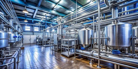 Modern Dairy Production Facility with Steel Pipelines and Vats for Efficient Milk Processing