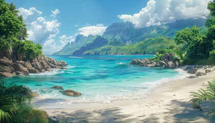 Naklejka premium Tranquil Beach Scene with Lush Green Mountains and Turquoise Waters