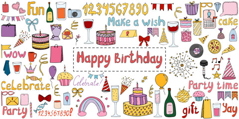 Happy birthday cliparts colored doodle set. Celebration stuff, foods, drinks.. Event elements for kids party with birthday cakes. Colored with black lines hand drawn vector doodles. Isolated on white.