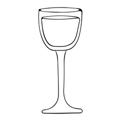 Wine glass with drink on tall thin stem. Table setting. Transparent glass in outline doodle style without filling. Hand drawing black line vector illustration isolated on white background.