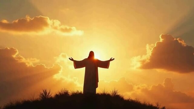 With the sun and clouds behind him, Jesus' figure stands atop a hill crest. depiction of a prophet's vision or dreams.