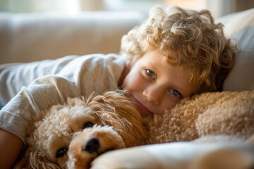 Pet and child cuddling together in a bright living space