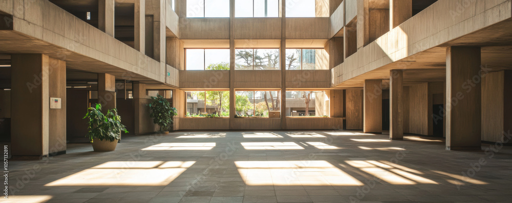 Poster spacious atrium featuring large geometric forms and natural light streaming through expansive window