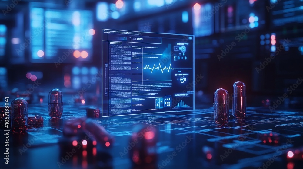 Poster a computer monitor with a blue screen and a red pill on the right side