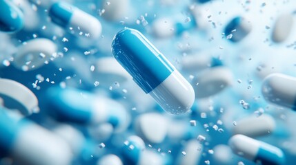 A blue and white pill is flying through the air