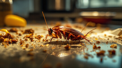 A close-up of a cockroach crawling across a grimy kitchen countertop, surrounded by crumbs and spilled food, emphasizing the dirty environment