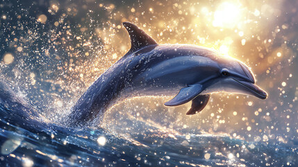 Fototapeta premium A close-up of a dolphin leaping into the air, with its sleek body illuminated by sunlight, surrounded by sparkling ocean water.