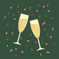 champagne glasses and colorfull confetti; Happy new year celebration- vector illustration