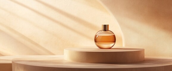 A glass bottle of perfume sits on a wooden podium in a soft, natural light.