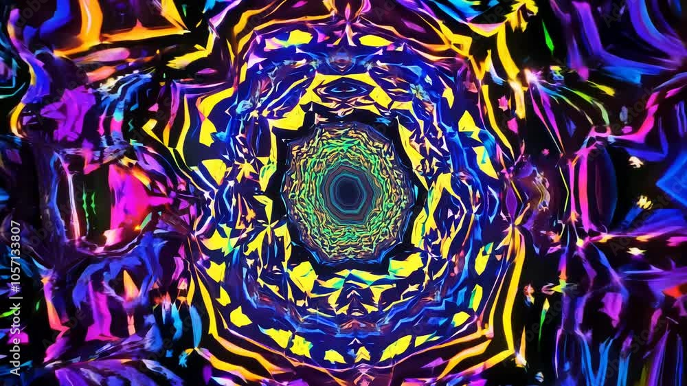 Poster kaleidoscopic patterns in vibrant neon colors create a mesmerizing tunnel effect