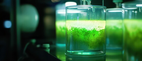 A laboratory scene featuring transparent jars containing glowing green liquid, likely representing a biological or chemical experiment.