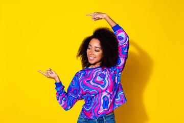 Photo portrait of lovely young lady point look empty space dressed stylish colorful blue garment...