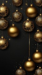 Black vertical background with gold Christmas balls and copy space. New Year, winter holidays.	
