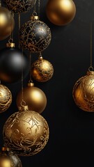 Black vertical background with gold Christmas balls and copy space. New Year, winter holidays.	