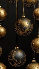 Black vertical background with gold Christmas balls and copy space. New Year, winter holidays.	