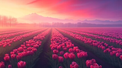 Vibrant tulip fields in the Netherlands during springtime.
