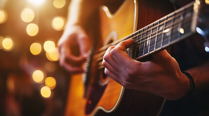 Fototapeta premium Strings of Passion: A Close-Up of Acoustic Guitar in Action