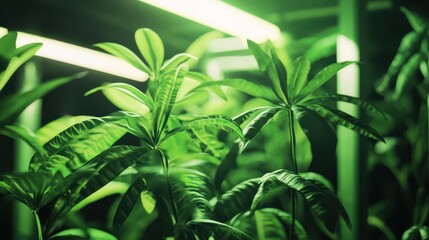 Fototapeta premium Lush green plants illuminated by artificial lighting, creating a vibrant indoor garden atmosphere.