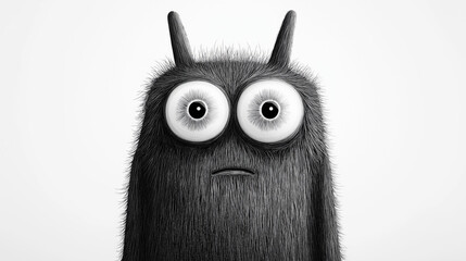 Cartoonish black and white furry creature with large round eyes and two antennae against a plain background.