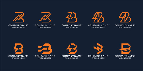 set of monogram logo with electric flash concept. initial letter b logo design vector template. 
