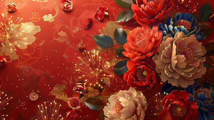 chinese new year celebration, the focal point is peonies amid fireworks, enhanced with chinese motifs like lucky clouds, bold colors, d effect, red base, gold texture, and epic style