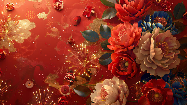 chinese new year celebration, the focal point is peonies amid fireworks, enhanced with chinese motifs like lucky clouds, bold colors, d effect, red base, gold texture, and epic style