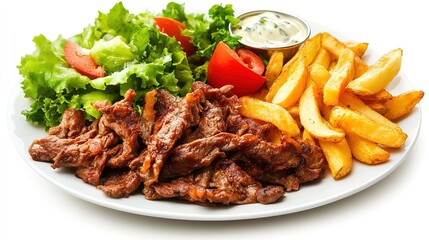 Doner kebab meat with pommes frites potatoes and salad on plate isolated on white background