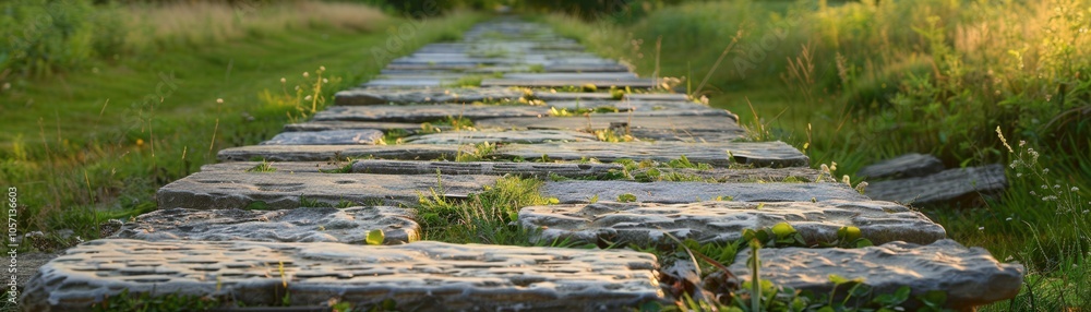 Poster a long path made of stone slabs with grass growing between them