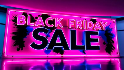 Neon Black Friday Sale Sign with Splashes: A vibrant and eye-catching neon sign surrounded by colorful paint splashes, creating a dynamic and modern visual statement. 1