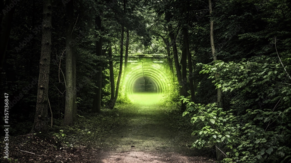 Poster mysterious shining portal to an unknown realm in tilt-shift photography style