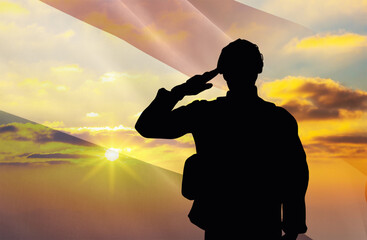 Silhouette of a soldier with a background of the Netherlands flag and a sunset or sunrise. Concept of national holidays. Commemoration Day.