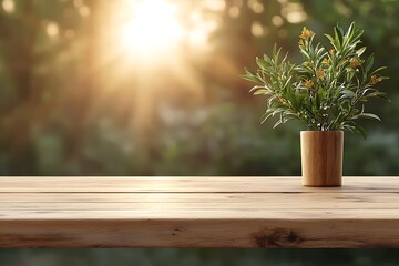 Fototapeta premium Serene indoor plant arrangement bathed in soft sunlight on a wooden table creating a relaxing atmosphere