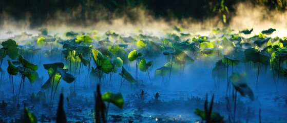 A serene water landscape with lush green lily pads partially shrouded in mist, evoking a tranquil and mystical atmosphere.