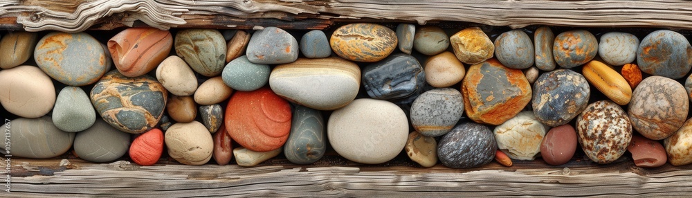 Poster A collection of rocks of various sizes and colors are arranged in a row