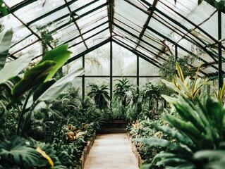 A lush greenhouse filled with diverse plants, showcasing an inviting pathway surrounded by vibrant greenery and natural light.
