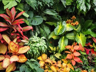 Obraz premium A vibrant display of tropical plants showcasing a variety of colorful leaves and textures in a lush green setting.
