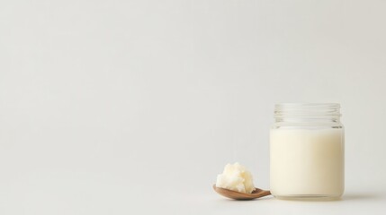 Glass jar of shea butter on minimalist background for skincare and natural beauty