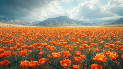 A vast field of vibrant orange poppies blooms under a dramatic sky, with distant mountains in the background.