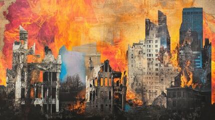 Fototapeta premium A collage of destroyed buildings, engulfed in flames, representing the devastation and chaos of a city in ruins.
