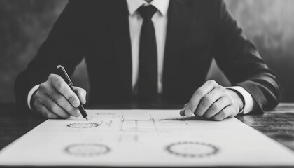 A suited individual is drawing diagrams on paper, showcasing an analytical approach in a professional setting.