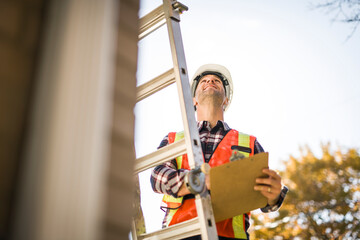 man with hard hat standing on steps inspecting house roof