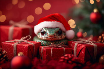 Fototapeta premium 2025 Year of the Snake Chinese horoscope, cute green snake crawling through gifts and New Year decorations 