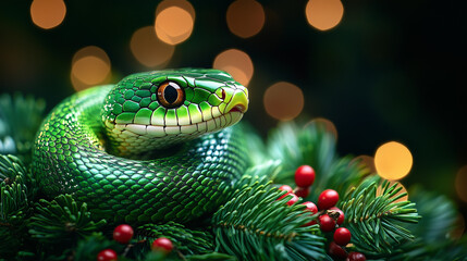 Fototapeta premium 2025 Year of the Snake Chinese horoscope, cute green snake crawling through gifts and New Year decorations 